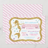 Mermaid Gold Glitter Pink Stripe Uitnodiging (Voorkant / Achterkant)
