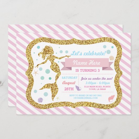Mermaid Gold Glitter Pink Stripe Uitnodiging (Voorkant / Achterkant)