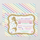 Mermaid Gold Glitter Rainbow Stripe Uitnodiging (Voorkant / Achterkant)