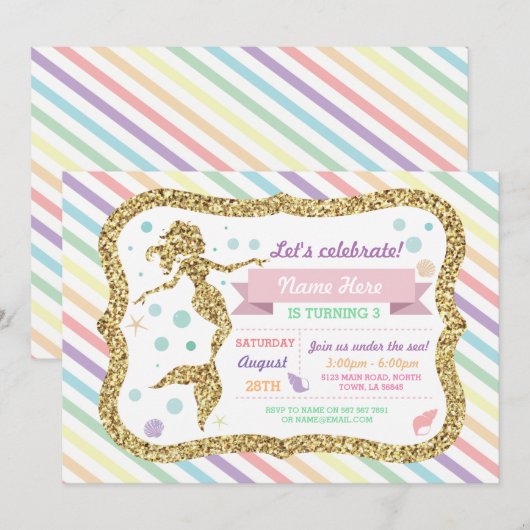 Mermaid Gold Glitter Rainbow Stripe Uitnodiging (Voorkant / Achterkant)
