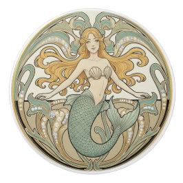 Mermaid Green Cream & Gold Art Nouveau Ocean Sea Keramische Knop