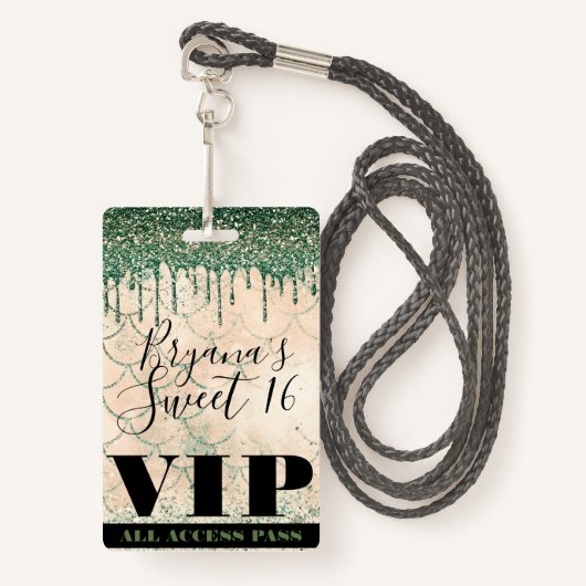 Mermaid Green Peach Glitter Drip Sweet 16 VIP-pas Badge (Voorkant met draagriem)