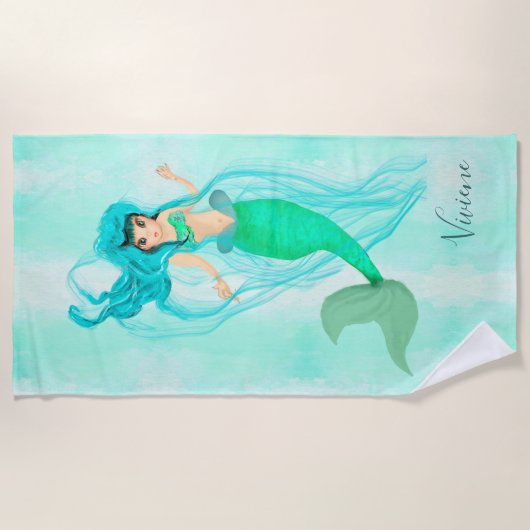 Mermaid Green Tail Girly Blue Monogram Strandlaken (Voorkant)