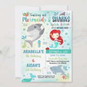 Mermaid Haaien Uitnodiging Sibling Verjaardag Geza (Voorkant)