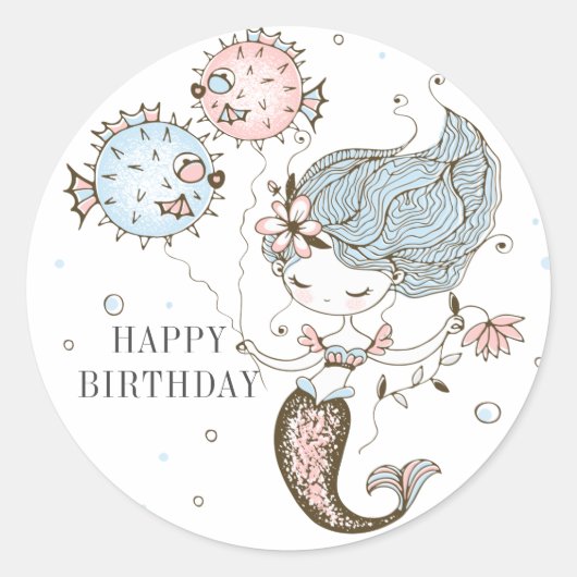 Mermaid Happy Birthday Classic Round Sticker (Voorkant)