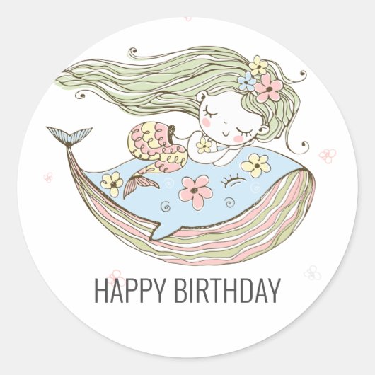 Mermaid Happy Birthday Ronde Sticker (Voorkant)