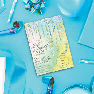 Mermaid Holographic Glitter Drips Sweet 16 Kaart