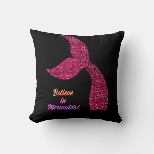 Mermaid Hot Pink Black Geloof in mermaids Quote Kussen (Voorkant)