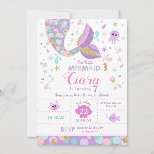 Mermaid Invitation Card Tail Pool Birthday Party Kaart (Voorkant)