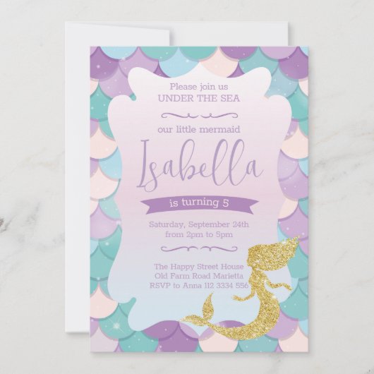 Mermaid Invitation for Birthday Party Gold Glitter Kaart (Voorkant)