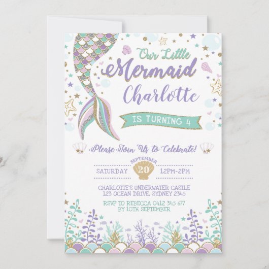 Mermaid Invitation onder het Zee Birthday Sparkle Kaart (Voorkant)