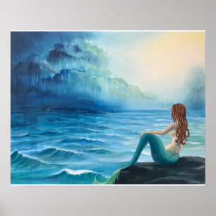 Mermaid Keeping Watch over Ship in Stormy Zee Poster