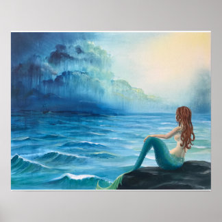 Mermaid Keeping Watch over Ship in Stormy Zee Poster