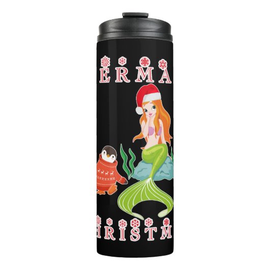 Mermaid Kerstmis en Funny Penguin Thermosbeker (Voorkant)