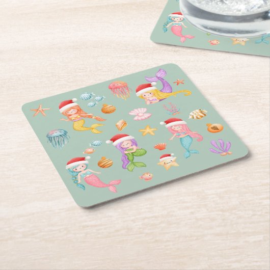Mermaid Kerstmis Kartonnen Onderzetters (Schuin)
