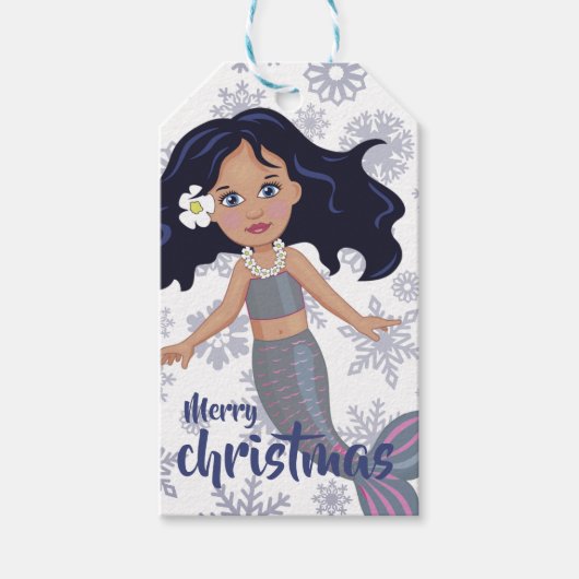 Mermaid Kerstmis Paars Dark Hair Girl Snowflake Cadeaulabel (Voorkant)