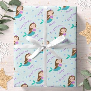 Mermaid Kerstmis Paars Glitter Personeelsformatie Cadeaupapier