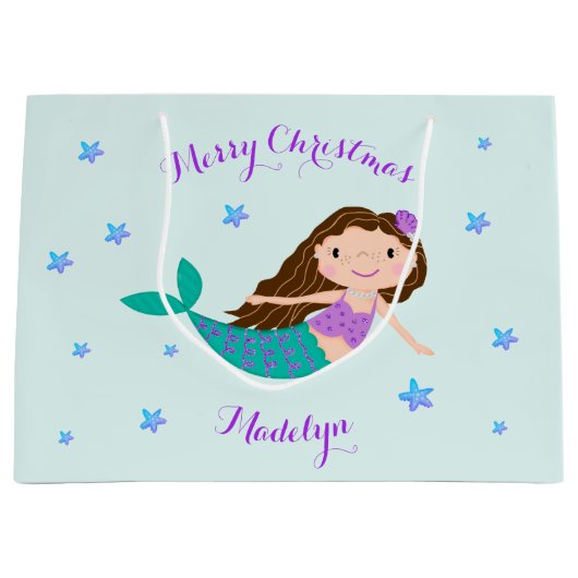 Mermaid Kerstmis Paars Glitter Personeelsformatie Groot Cadeauzakje (Voorkant)