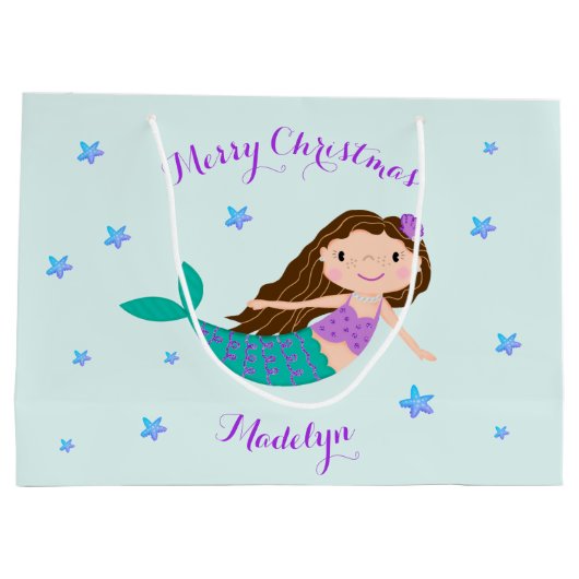 Mermaid Kerstmis Paars Glitter Personeelsformatie Groot Cadeauzakje (Achterkant)