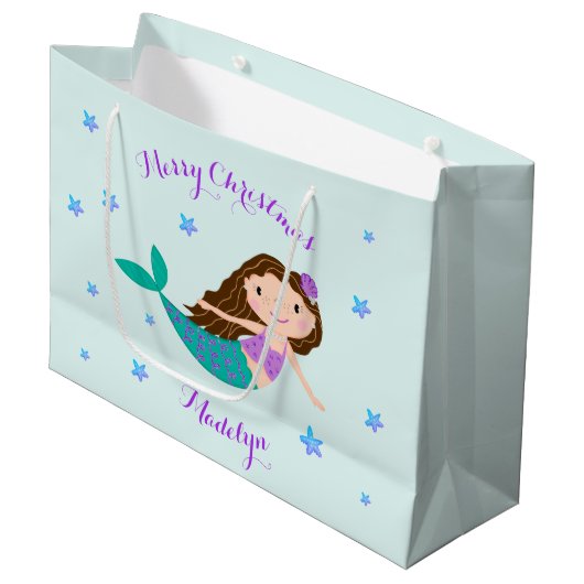 Mermaid Kerstmis Paars Glitter Personeelsformatie Groot Cadeauzakje (Voorkant Gekanteld)