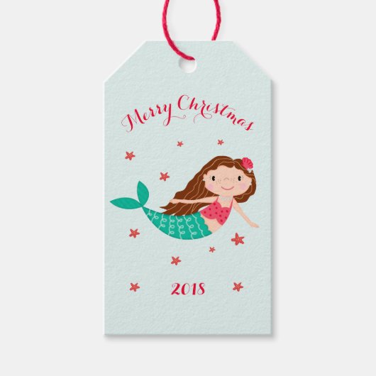 Mermaid Kerstmis Red Aqua op maat Cadeaulabel (Voorkant)