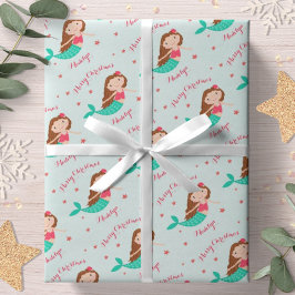 Mermaid Kerstmis Red Aqua op maat Cadeaupapier