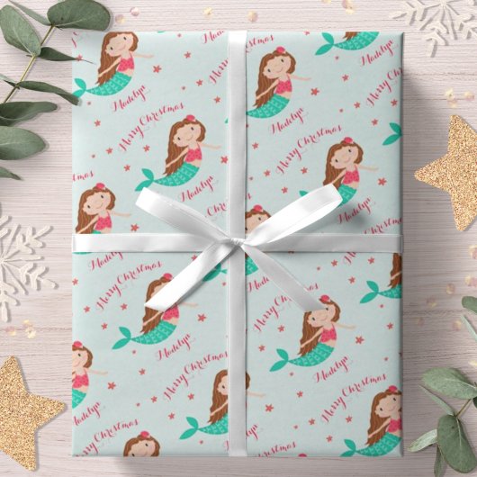 Mermaid Kerstmis Red Aqua op maat Cadeaupapier