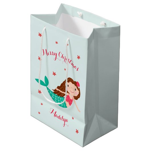 Mermaid Kerstmis Red Aqua op maat Medium Cadeauzakje (Voorkant Gekanteld)