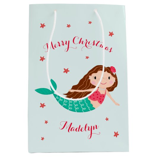 Mermaid Kerstmis Red Aqua op maat Medium Cadeauzakje (Voorkant)