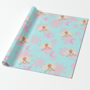 Mermaid Kerstroze blauw meisje Snowflake Cadeaupapier