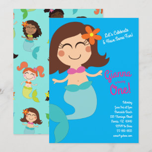 Mermaid Kids Birthday Brown Hair Kaart