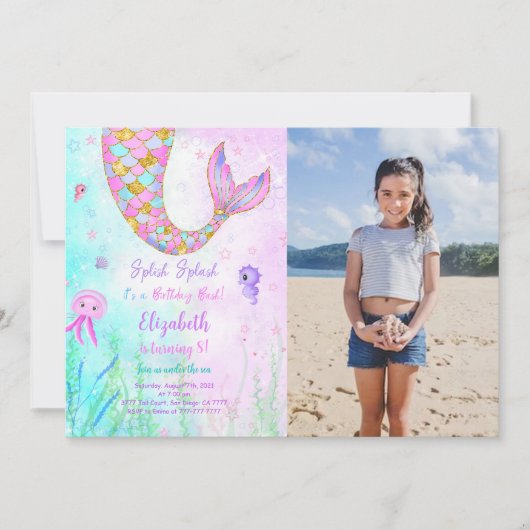 Mermaid Kids Verjaardag Foto Uitnodiging (Voorkant)