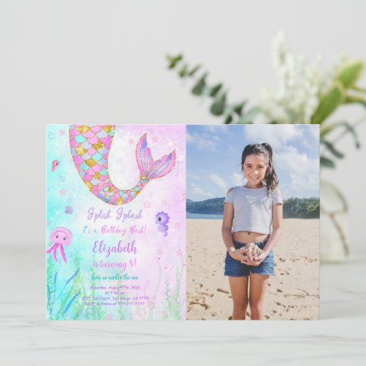 Mermaid Kids Verjaardag Foto Uitnodiging (Staand voorkant)