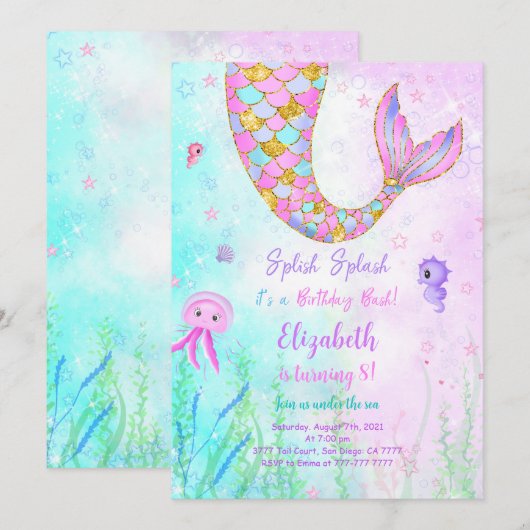 Mermaid Kinderen Verjaardagsuitnodiging Kaart (Voorkant / Achterkant)