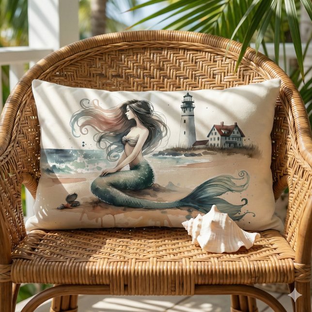 Mermaid Lighthouse Coastal Watercolor Scene Kussen (Mermaid Lighthouse Coastal Watercolor Scene Lumbar Pillow Mockup A)