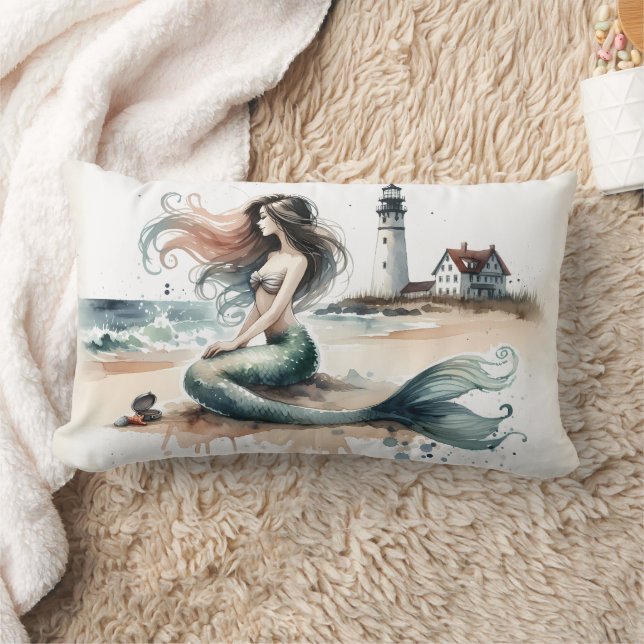 Mermaid Lighthouse Coastal Watercolor Scene Kussen (Deken)
