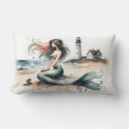 Mermaid Lighthouse Coastal Watercolor Scene Kussen