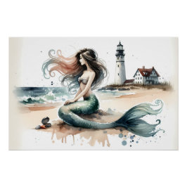 Mermaid Lighthouse Coastal Watercolor Scene Perfect Poster