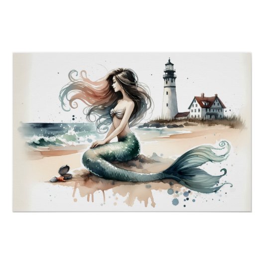 Mermaid Lighthouse Coastal Watercolor Scene Perfect Poster (Voorkant)