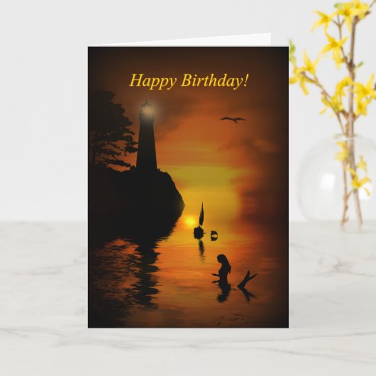 Mermaid Lighthouse Dolphin Sailboat Happy Birthday Kaart (Gele Bloem)