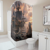 Mermaid Looking At A Sailing Ship Douchegordijn (In situ)