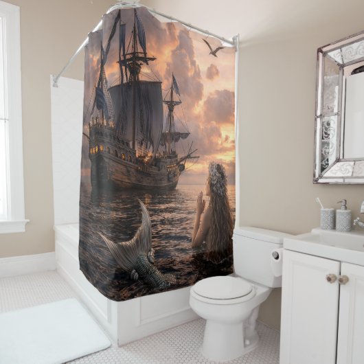 Mermaid Looking At A Sailing Ship Douchegordijn (In situ)