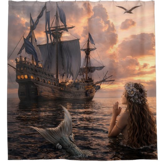 Mermaid Looking At A Sailing Ship Douchegordijn (Voorkant)