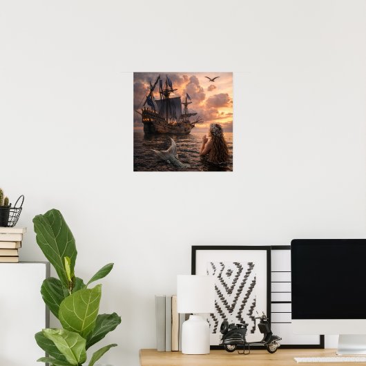 Mermaid Looking At A Sailing Ship Poster (Thuiskantoor)