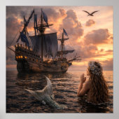 Mermaid Looking At A Sailing Ship Poster (Voorkant)