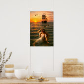Mermaid Looking At Sailing Ship At Sunset Poster (Keuken)