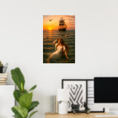 Mermaid Looking At Sailing Ship At Sunset Poster (Thuiskantoor)