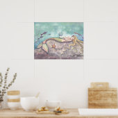 Mermaid Lullaby Moeder en Baby Waterverf Afdrukken Poster (Keuken)