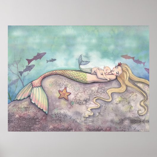 Mermaid Lullaby Moeder en Baby Waterverf Afdrukken Poster (Voorkant)