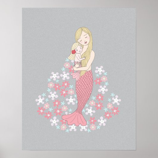 Mermaid Ma en Baby Girl Blonde mermaid Floral Poster (Voorkant)